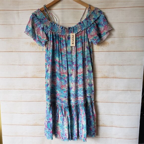Pepin Off The Shoulder Watercolor Raw Hem Lightweight Summer Dress Size 4 - Picture 1 of 13